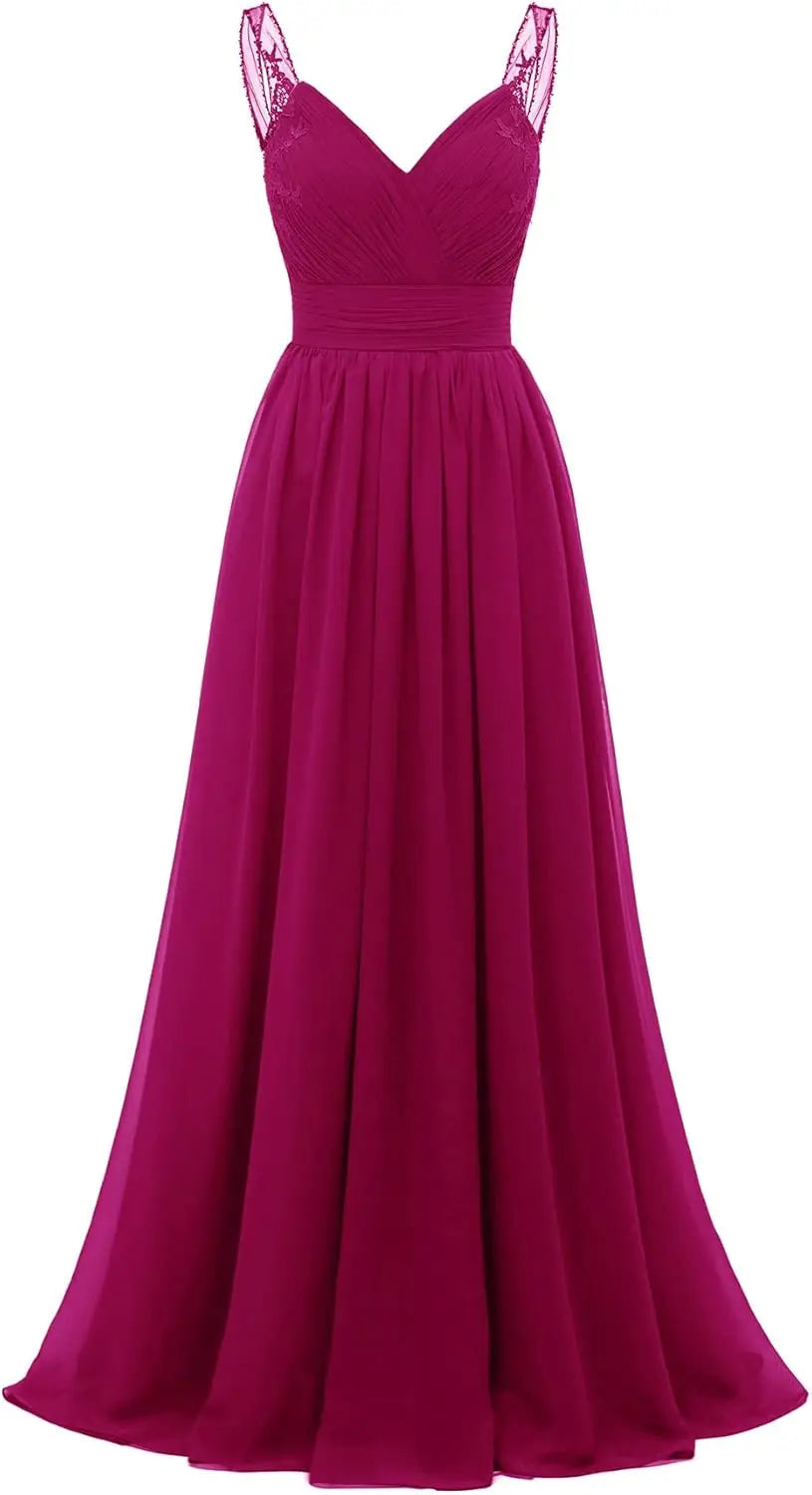 Chiffon-Spitze Brautjungfernkleider lang für Damen V-Ausschnitt Plissee Tüll Träger A-Linie Abschlussball Abend Hochzeit formelle Kleider 