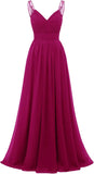 Chiffon-Spitze Brautjungfernkleider lang für Damen V-Ausschnitt Plissee Tüll Träger A-Linie Abschlussball Abend Hochzeit formelle Kleider 