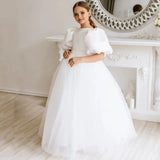 Weiße Perlen mit Schleife, kurze Ärmel, für Hochzeit, Geburtstag, Party, Heilige Kommunion, Bankett, Prinzessinnenkleid, individuelles Blumenmädchenkleid 
