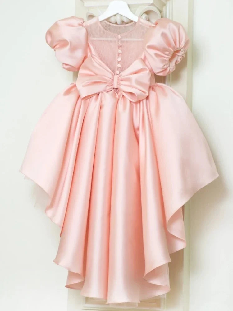 Pink Satin Tulle Appliques With Bow And Trailing Short Sleeve For Wedding Birthday Banquet Princess Gowns Flower Girl Dresses