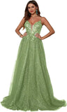 Glitzerndes Tüll-Ballkleid für Damen, Spaghettiträger, tiefer V-Ausschnitt, Spitzenapplikationen, Ballkleid, langes A-Linien-Abendkleid 