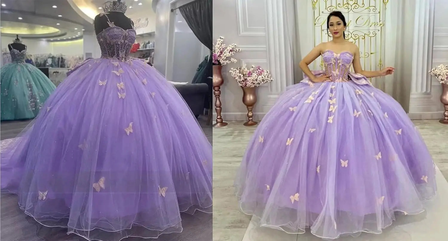 3D Butterfly Quinceanera Dress with Bow Train Spaghetti Strap Sweet 15 16 Ball Gowns Sparkly Vestido De 15 Años