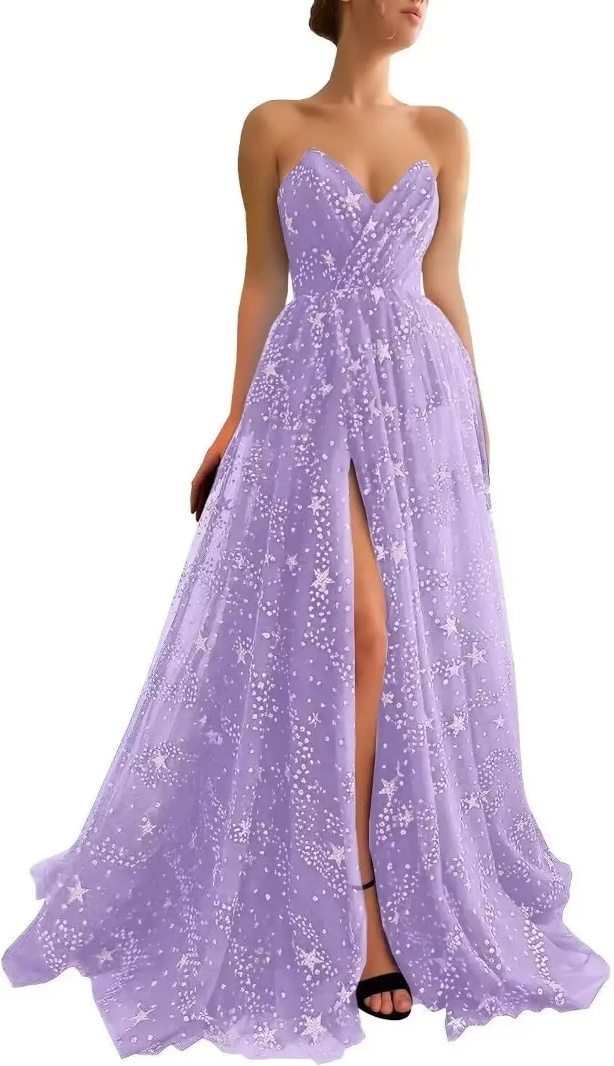 Vestidos de fiesta de tul con estrellas y brillo para mujer, sin tirantes, con abertura, formales, para noche y fiesta 