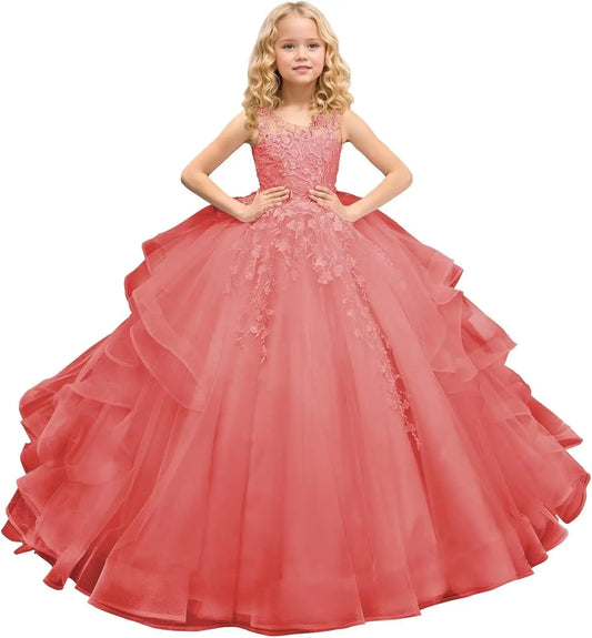 Vestidos de desfile de princesa de tul sin mangas, vestido largo de encaje con apliques para niña de las flores, vestido de fiesta de cumpleaños para niños, vestidos de desfile 