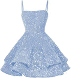 Kurze Pailletten-Heimkehrkleider für Teenager 2025, glitzernde Spaghettiträger, Sweet 16-Abschlussball-Cocktailkleid, Ballkleid, Partykleider 