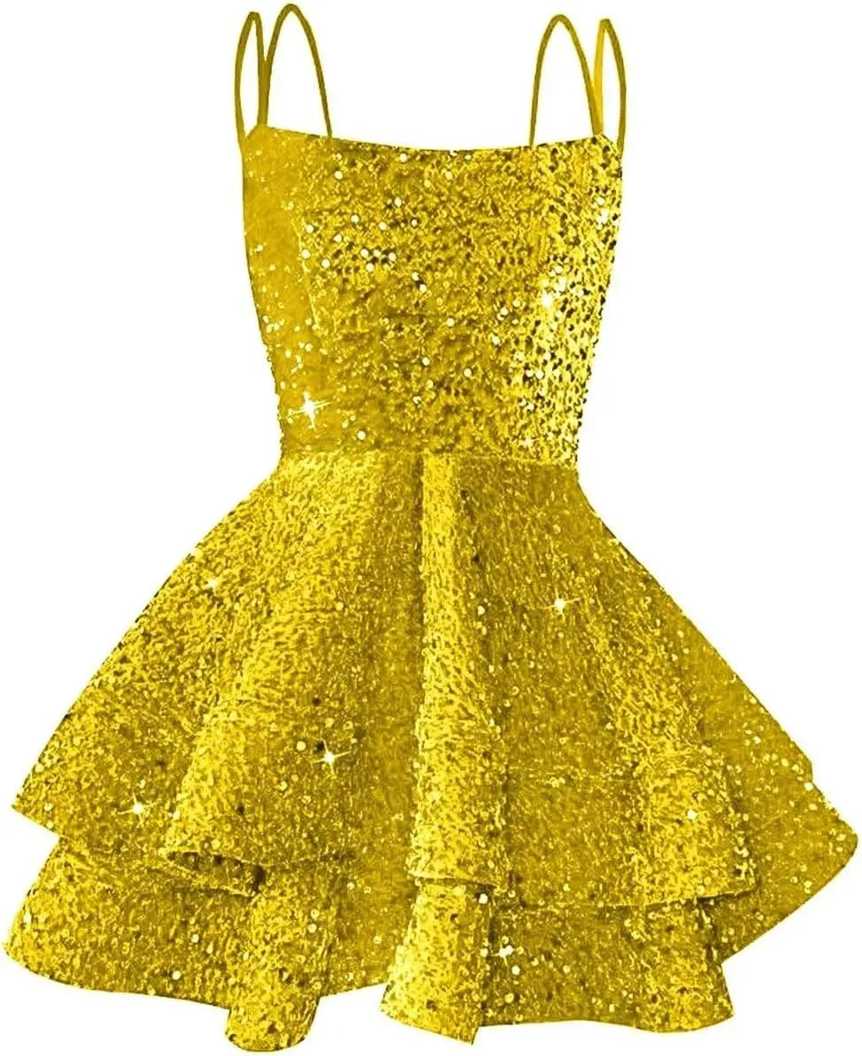 Hübsches, funkelndes Pailletten-Heimkehrkleid für Teenager, kurzes, gestuftes Ballkleid mit quadratischem Ausschnitt und A-Linie, Cocktail-Club-Partykleid 