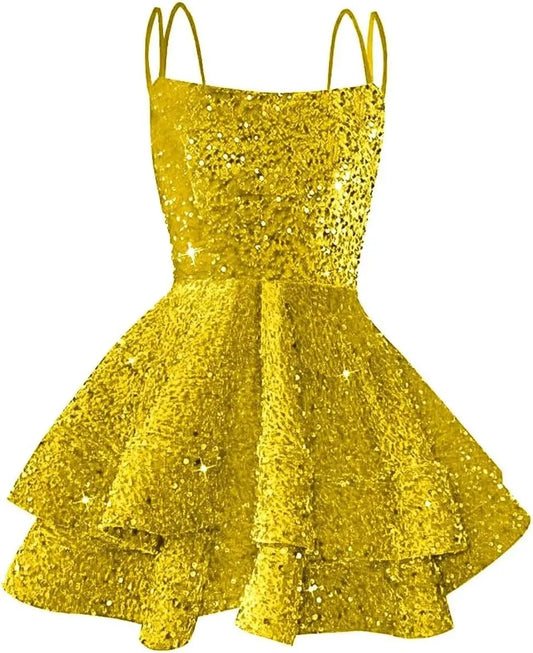 Hübsches, funkelndes Pailletten-Heimkehrkleid für Teenager, kurzes, gestuftes Ballkleid mit quadratischem Ausschnitt und A-Linie, Cocktail-Club-Partykleid 
