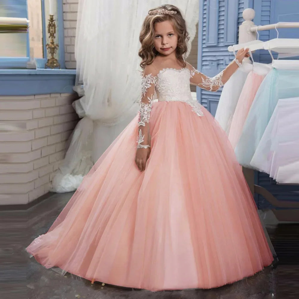 Vestido de tul rosa claro con apliques blancos y manga larga para boda, fiesta de cumpleaños, comunión, personalizado, para niña de las flores 