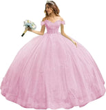Tulle Quinceanera Dresses with Bow Puffy Off Shoulder Sweet 16 Dresses Sparkly Crystal Quince Dress with Train