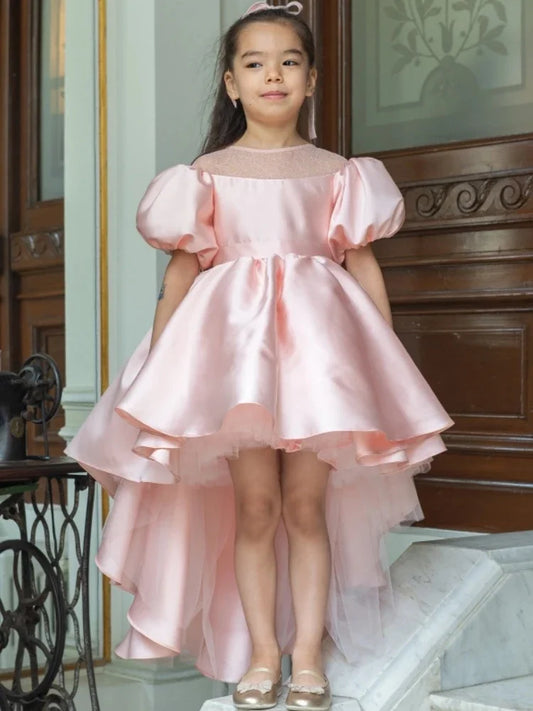 Pink Satin Tulle Appliques With Bow And Trailing Short Sleeve For Wedding Birthday Banquet Princess Gowns Flower Girl Dresses