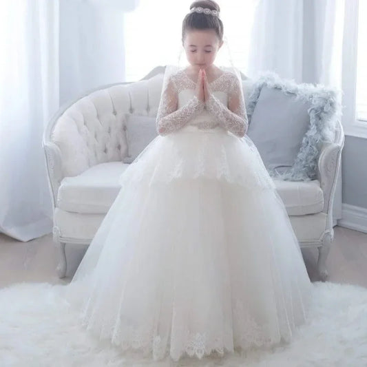 Vestidos de niña blancos con apliques de encaje abullonados y lazo de manga larga para bodas, fiestas de cumpleaños, comuniones, vestidos personalizados con flores. 