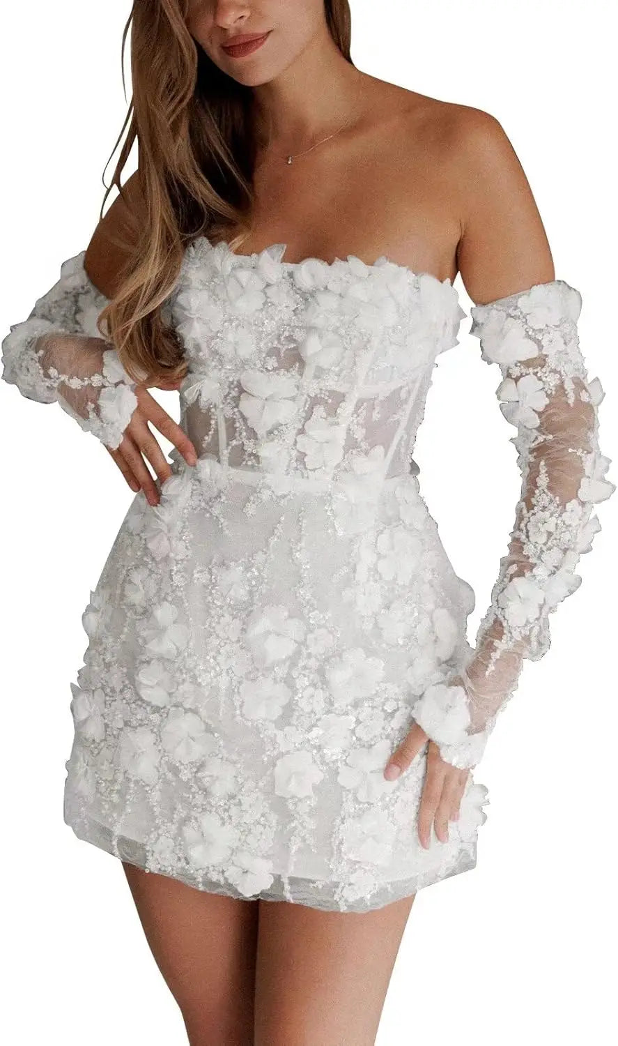 Kurze Brautkleider für die Braut, Strand, Spitzenapplikation, Tüll, trägerlos, Boho-Korsett, Mini-Brautkleid, Satin-Brautkleid mit Ärmeln 