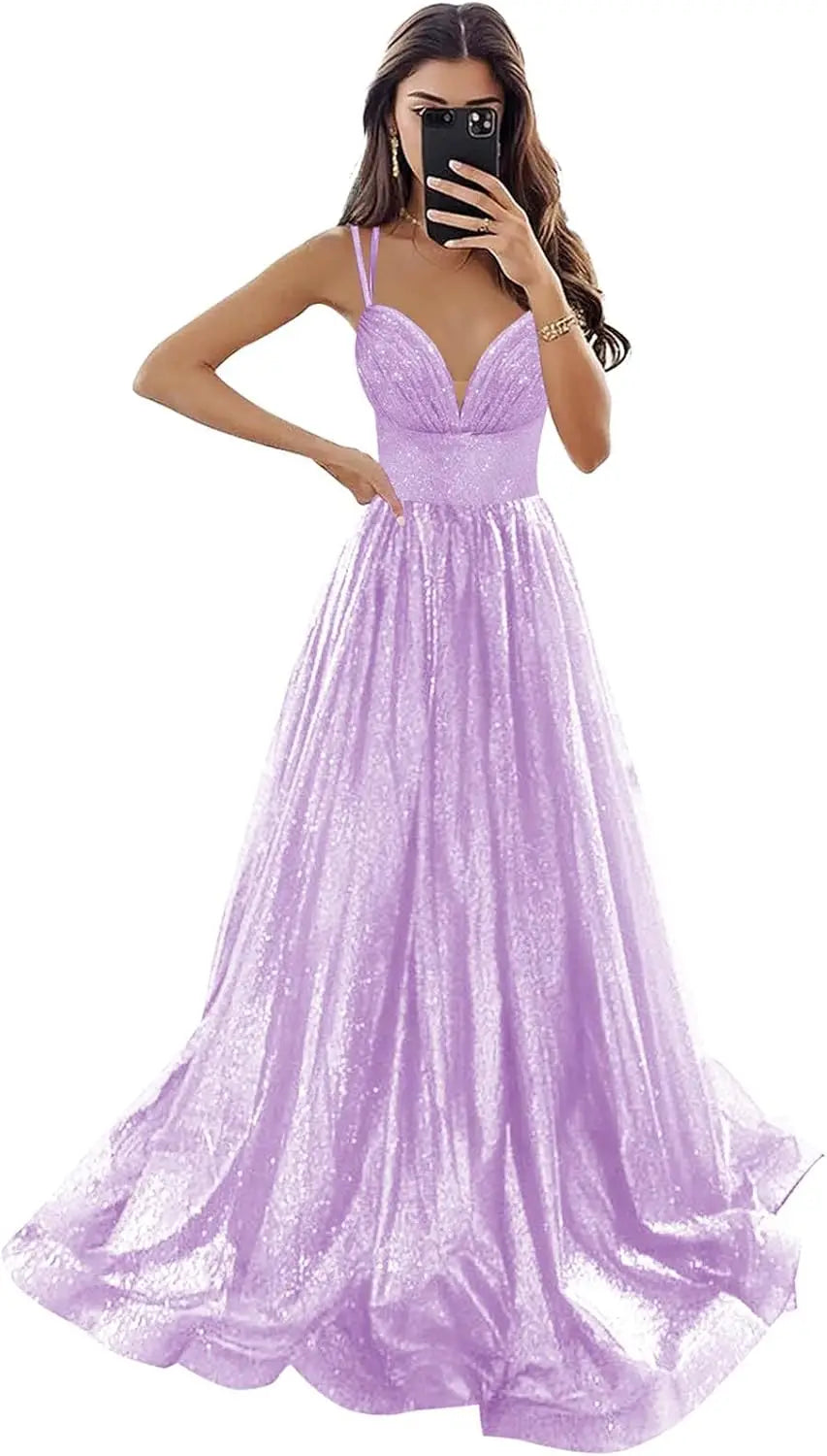 Vestido de fiesta de tul brillante con bolsillos, tirantes finos, corsé fruncido, largo, formal, para noche, vestidos de fiesta para mujer, noche 