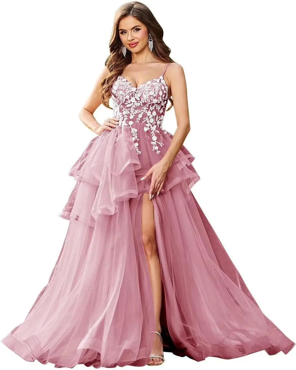 Vestidos de fiesta con apliques de encaje de tul y escote en V con abertura, vestidos de fiesta formales de noche con capas abullonadas, vestidos de baile largos 