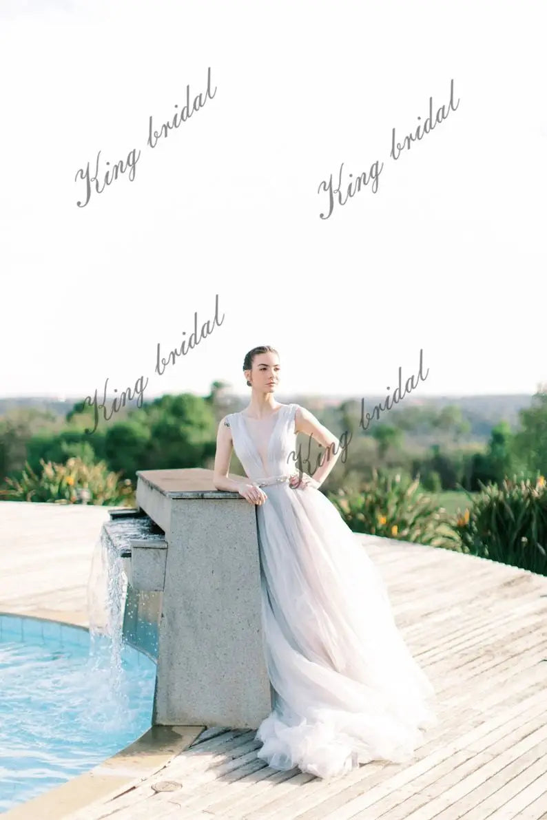 Tulle draped wedding gown Sleeveless airy bridal Full wedding dresses Evening dress gownOpen back bridal simple wedding dress