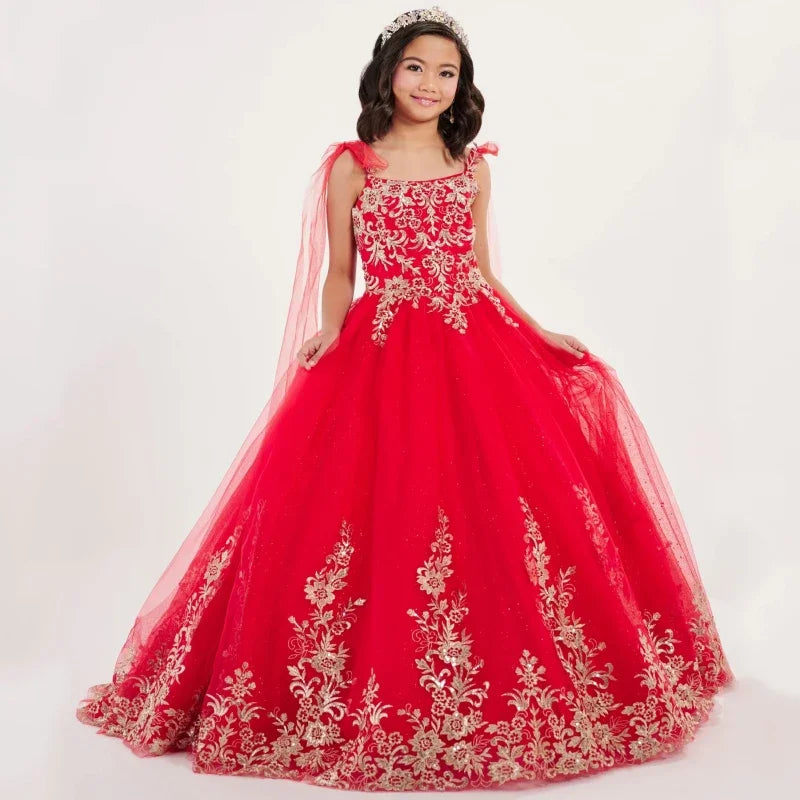 Vestido de princesa para banquete de fiesta de cumpleaños, vestidos de niña de las flores, tul rojo, apliques florales dorados con lazo en el hombro, sin mangas para boda 
