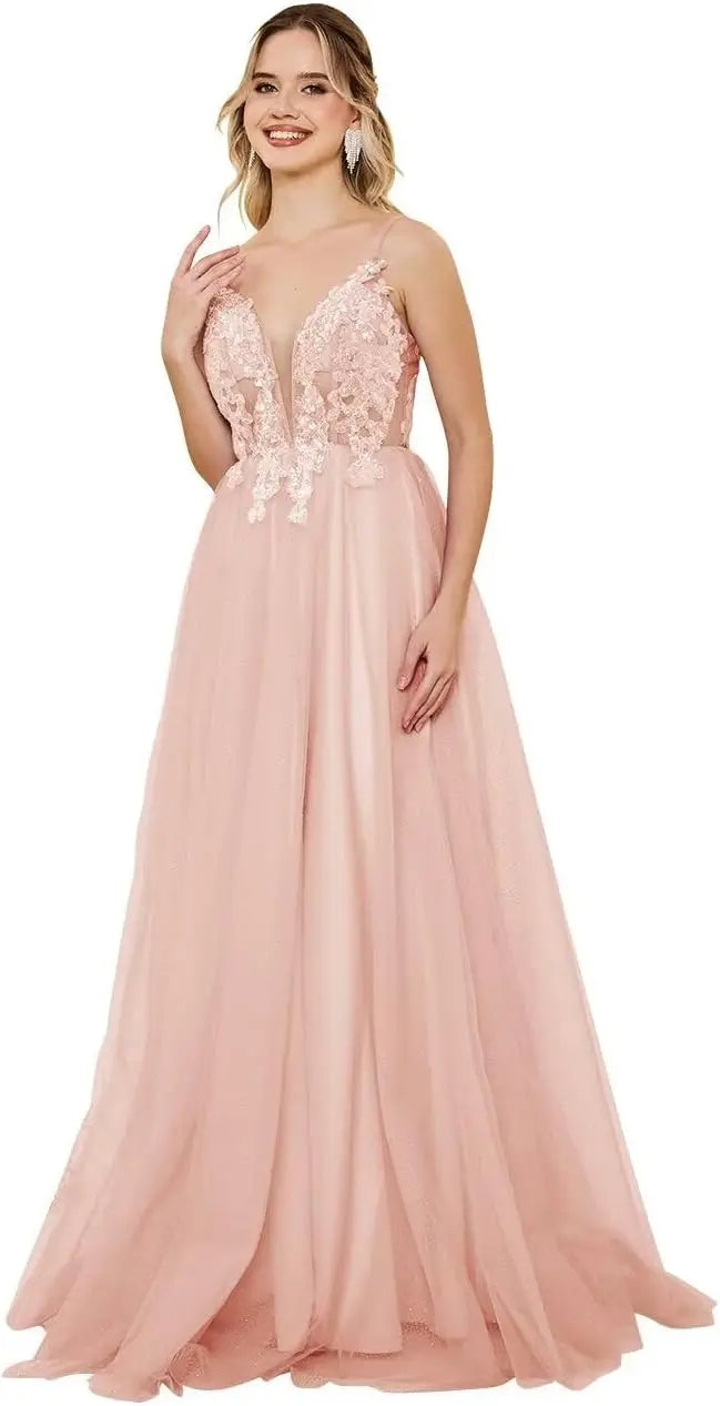 Vestidos de fiesta de tul con escote en V profundo para mujer, tirantes finos, apliques de encaje, vestidos de noche largos de corte A 