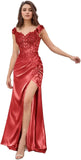 Elegant Satin Prom Dresses for Women Long 2025 3D Flower Lace Applique Off Shoulder Formal Evening Wedding Party Gown with Slit