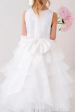 Vestido blanco para niña de flores para bebés, niñas y niñas, top sin mangas de satén y tul en capas con lazo grande en la espalda, vestido dulce 