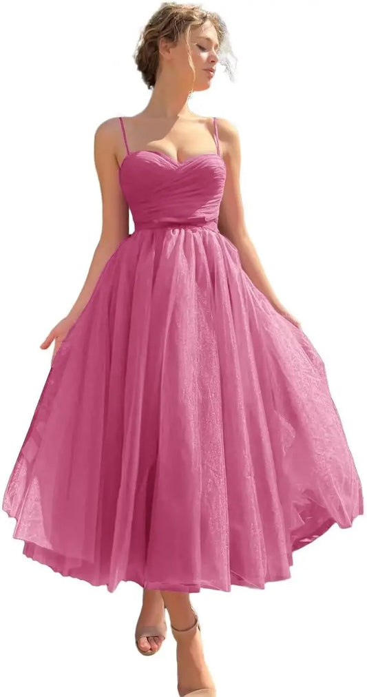 Junior Bridesmaid Tulle Tea Length Prom Dresses for Women Corset Sweetheart Spaghetti Straps Teens Formal Evening Party Gowns