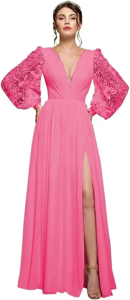 Langärmliges Brautjungfernkleid, Chiffon, Ballkleid, langes Hochzeitskleid mit Spitzenapplikation, V-Ausschnitt, formelle Kleider mit Schlitz 