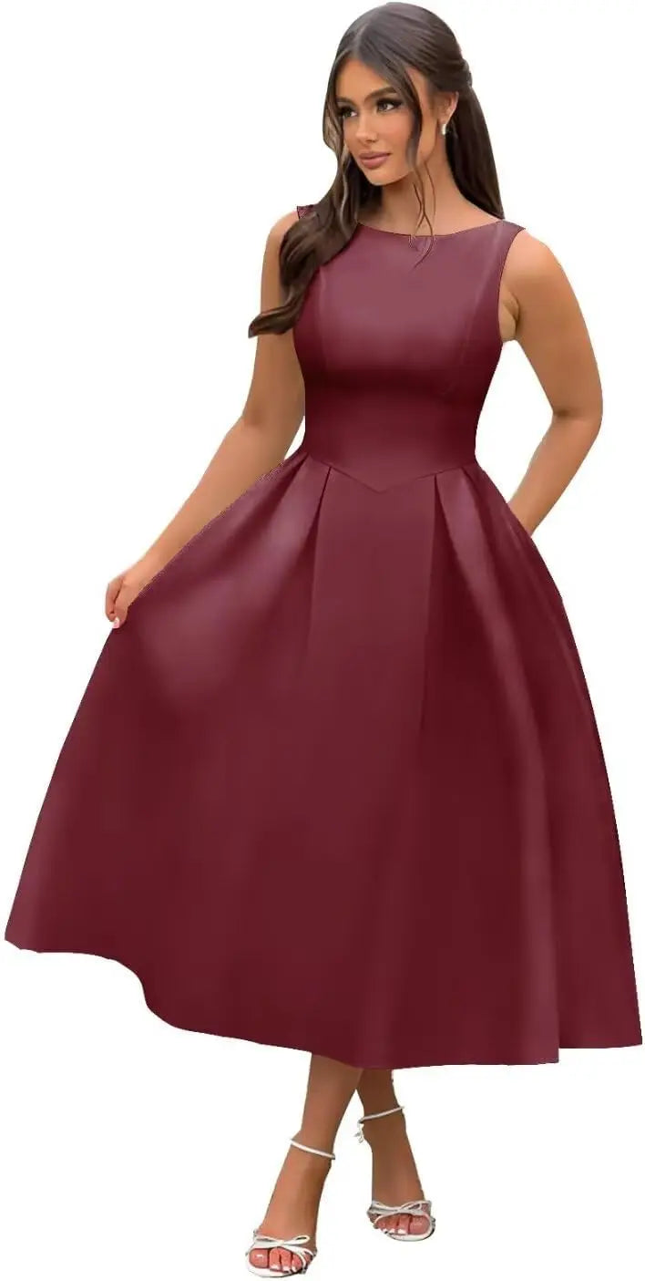 Vestidos de fiesta de satén con cuello barco y midi, largos hasta la rodilla, espalda escotada, corte en A, vestidos formales de noche para fiesta, vestido de cóctel y fiesta 
