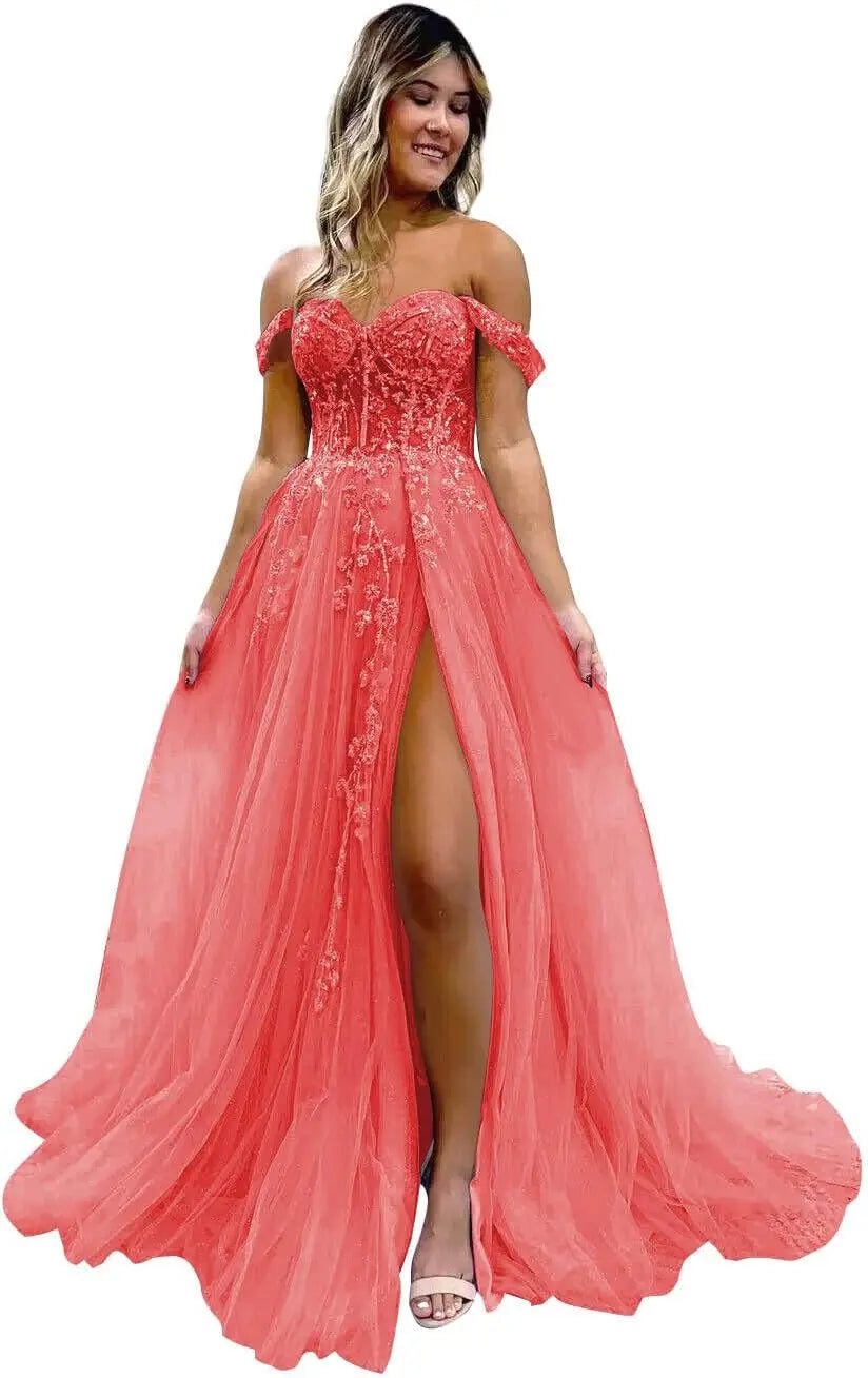 Vestido de fiesta de tul con hombros descubiertos, abertura, apliques de encaje brillante, corsé, vestido formal de fiesta de noche, vestidos de fiesta para mujer, noche 
