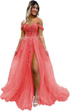 Vestido de fiesta de tul con hombros descubiertos, abertura, apliques de encaje brillante, corsé, vestido formal de fiesta de noche, vestidos de fiesta para mujer, noche 