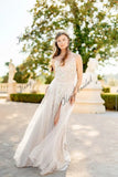 Brautkleid Boho mit Schlitz handbestickt ärmelloses Brautkleid offenes Rückenbrautkleid beiges Brautkleid 