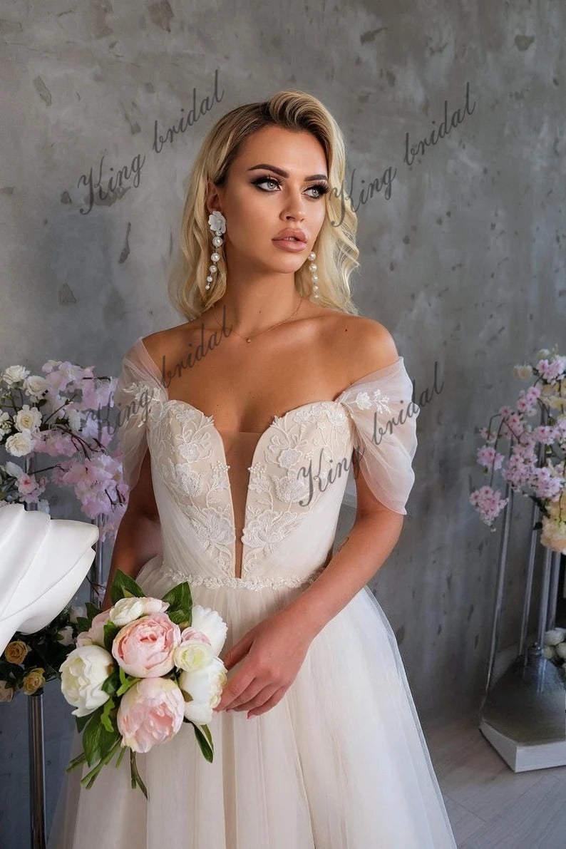 tulle floral lace fairy wedding dress. Modern bridal lace-up corset ball gown. Unique A line wedding dress with sexy deep V neck
