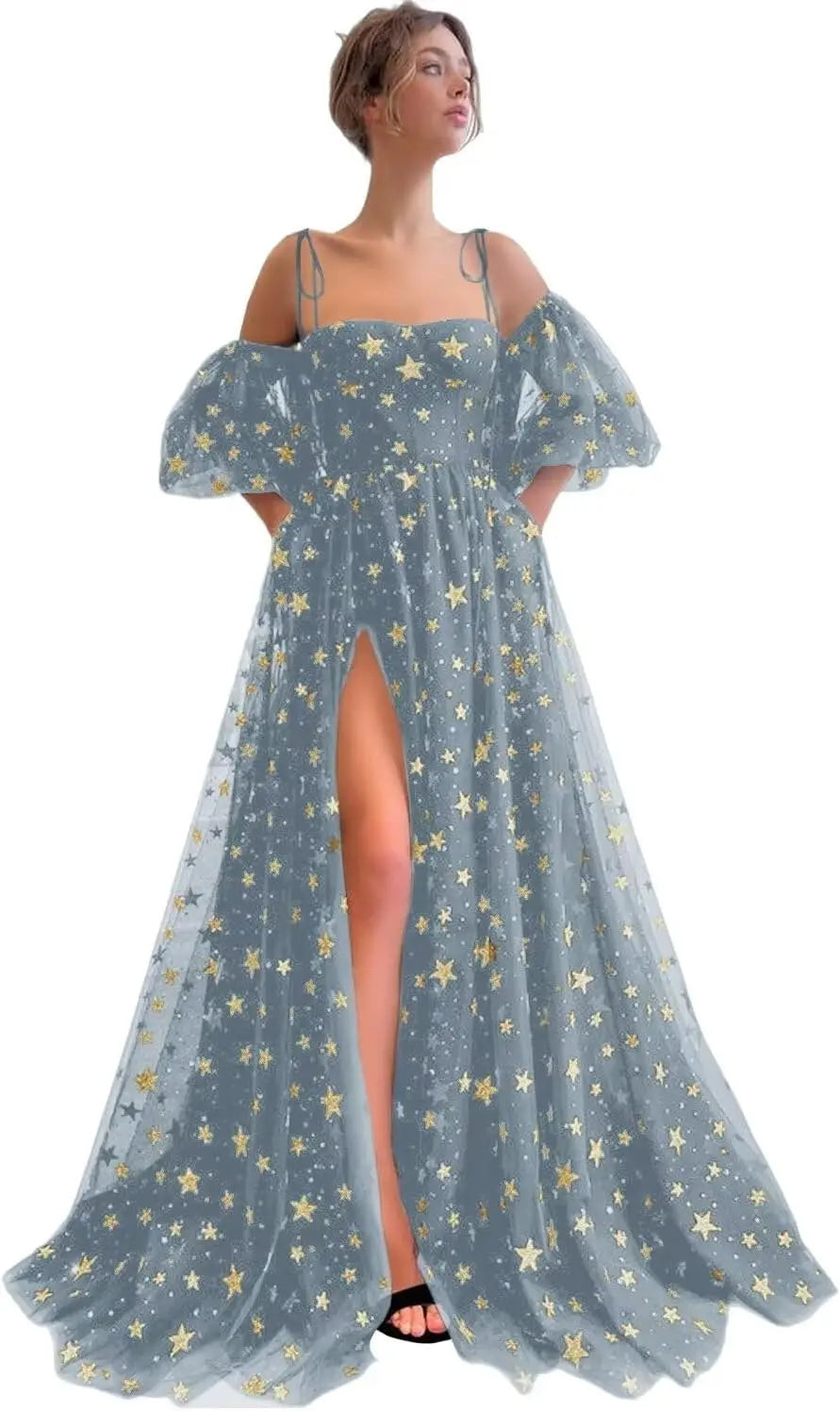 Sparkly Starry Tulle Prom Dresses for Women Slit Long Puffy Sleeve Glitter Star Formal Evening Party Gown Junior Bridesmaid Gown