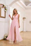 Vestidos de dama de honor con abertura y escote en V, vestidos de fiesta, línea A, plisados, para invitada de boda con bolsillos 