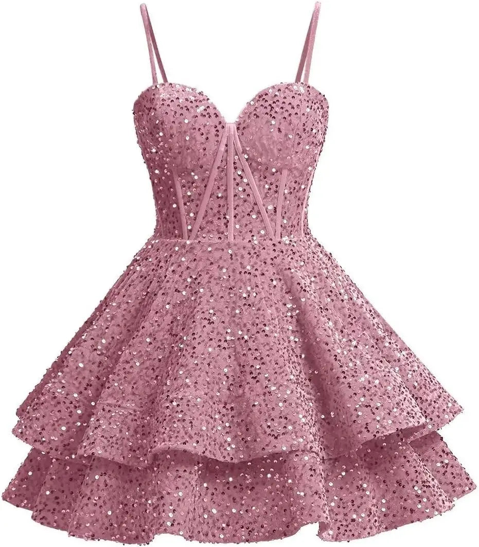 Vestidos de fiesta de graduación con lentejuelas brillantes para adolescentes, tirantes finos, corsé, vestido de cóctel con capas brillantes 
