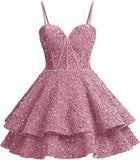 Vestidos de fiesta de graduación con lentejuelas brillantes para adolescentes, tirantes finos, corsé, vestido de cóctel con capas brillantes 