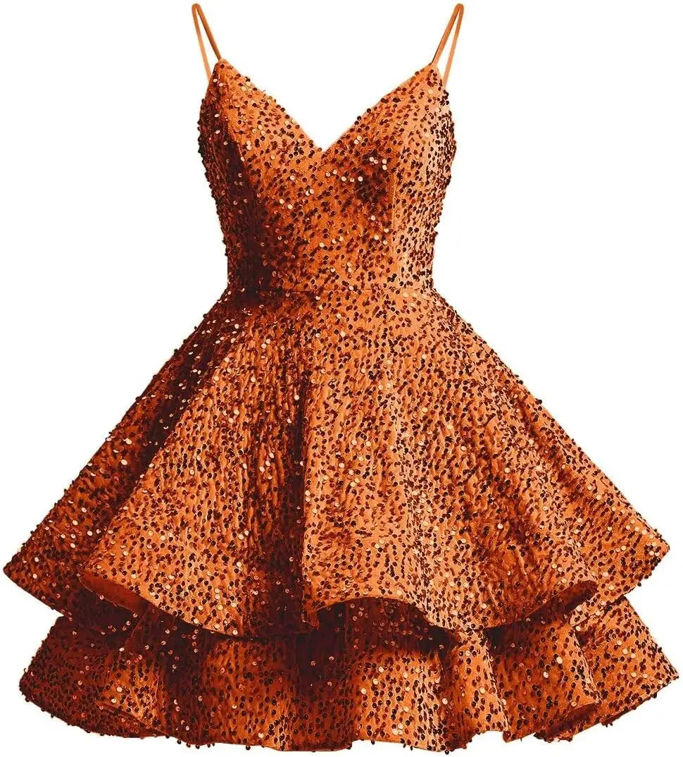 Sparkly Sequin Homecoming Dresses for Teens 2025 Short V Neck A Line Tiered Mini Formal Prom Cocktail Gown Above Knee Club Dress