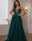 Glitzerndes Tüll-Ballkleid für Damen, Spaghettiträger, tiefer V-Ausschnitt, Spitzenapplikationen, Ballkleid, langes A-Linien-Abendkleid 