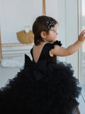 Vestido plisado elegante de longitud para niña, fiesta de cumpleaños, primera comunión, negro, para niña de las flores, para boda, alto-bajo 