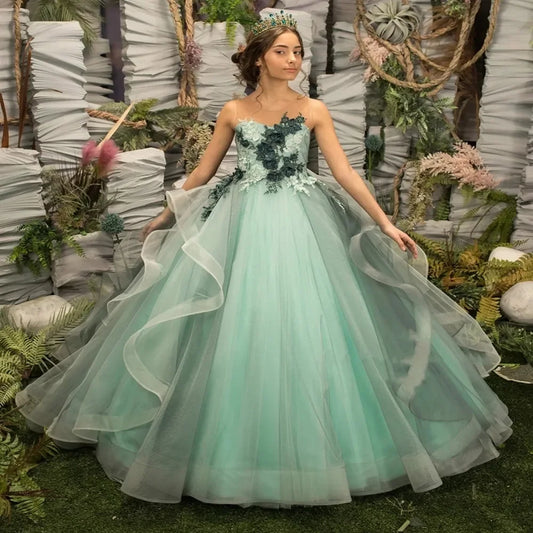 Prinzessin Geburtstag Pageant Erstkommunion Kleid Grün Elegante Blumenmädchenkleider Flauschige Hochzeit Party Applikationen Perlen Blumen 