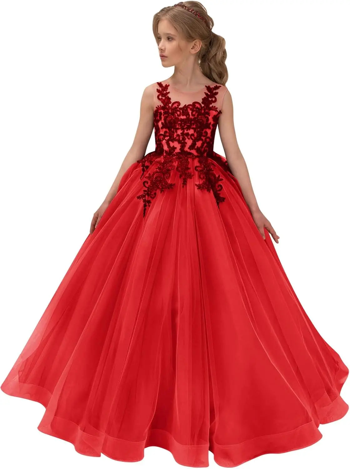 Festzugskleider für Mädchen, Spitzenapplikation, Blumenmädchenkleid, Tüll, Festzugskleid für Mädchen, lang, ärmellos, Prinzessinnen-Party-Ballkleid 