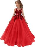 Festzugskleider für Mädchen, Spitzenapplikation, Blumenmädchenkleid, Tüll, Festzugskleid für Mädchen, lang, ärmellos, Prinzessinnen-Party-Ballkleid 
