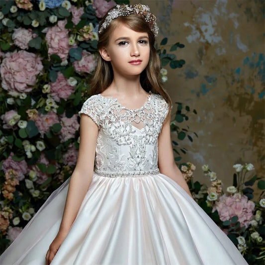 Baby Kids Birthday Party First Communion Dress Pageant Gowns White Flower Girl Dress For Wedding Satin Sequins Princess
