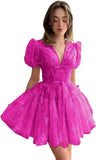 3D Butterfly Tulle Homecoming Dresses for Teens A-Line Short Sleeve Prom Cocktail Dress with Butterfly Appliques