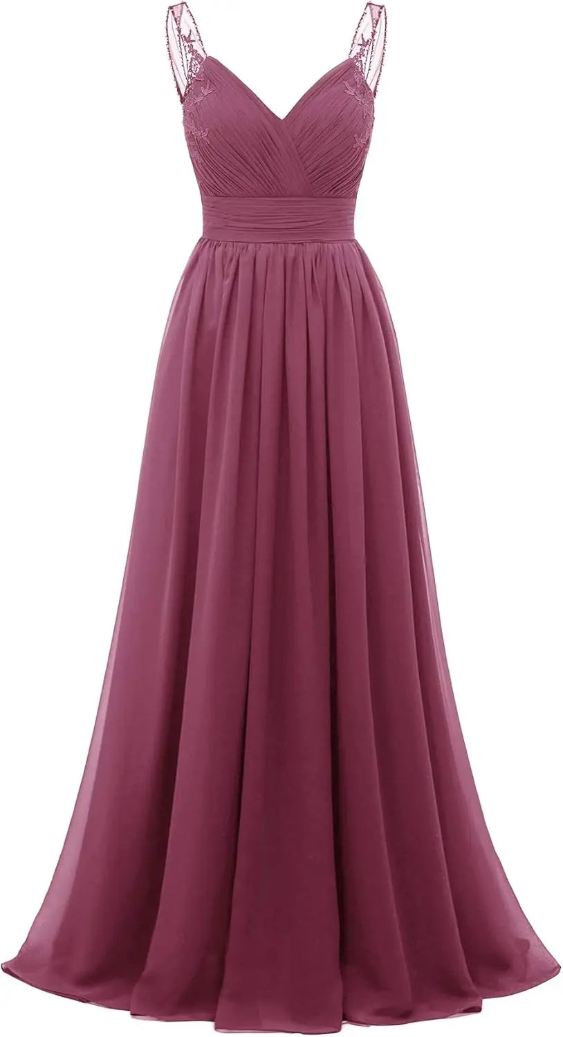 Chiffon-Spitze Brautjungfernkleider lang für Damen V-Ausschnitt Plissee Tüll Träger A-Linie Abschlussball Abend Hochzeit formelle Kleider 