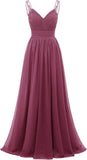 Chiffon-Spitze Brautjungfernkleider lang für Damen V-Ausschnitt Plissee Tüll Träger A-Linie Abschlussball Abend Hochzeit formelle Kleider 