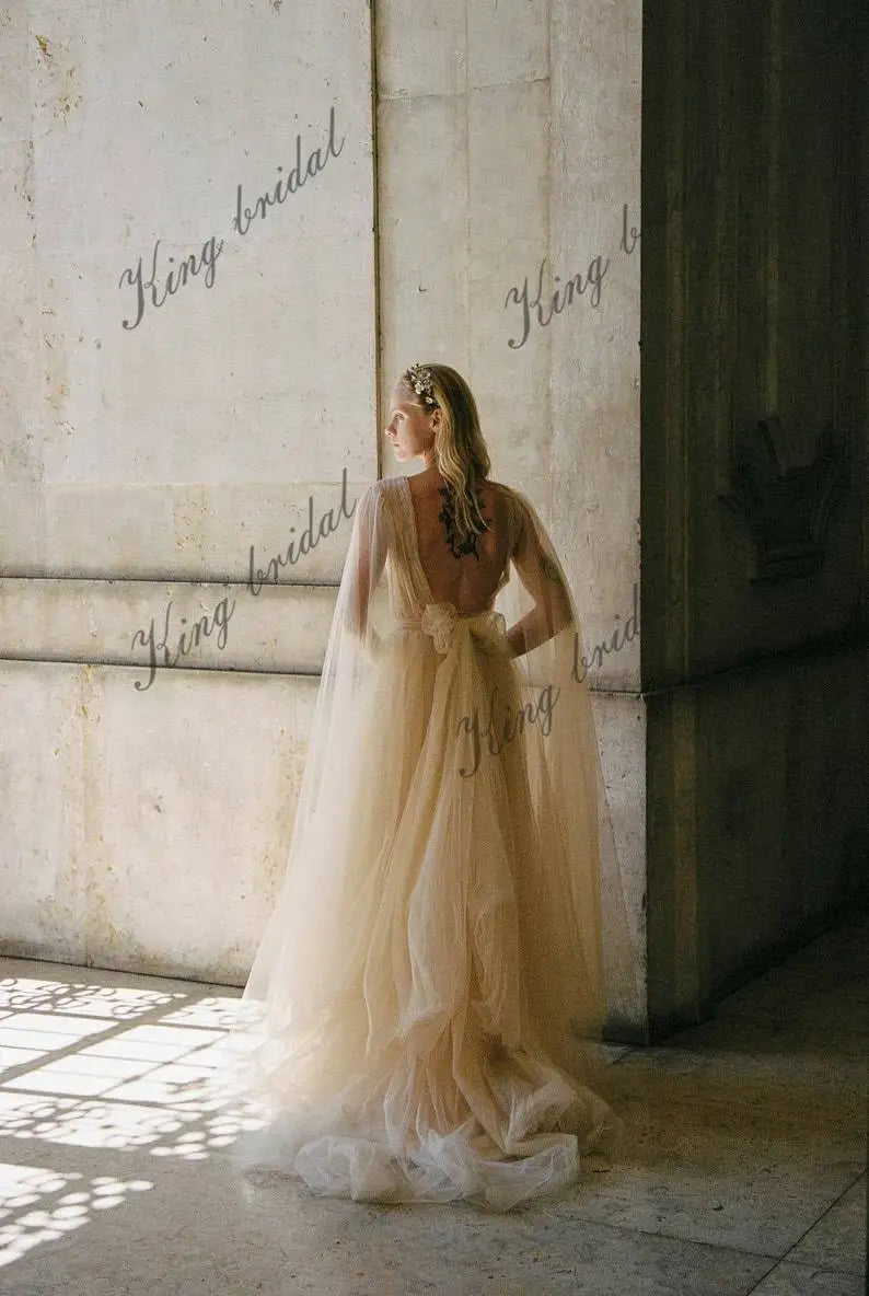champagne princess wedding dress Champagne Wedding Dress with Sleeves - Sparkling Nude A-line with Floral Appliqus and Elegant Bows