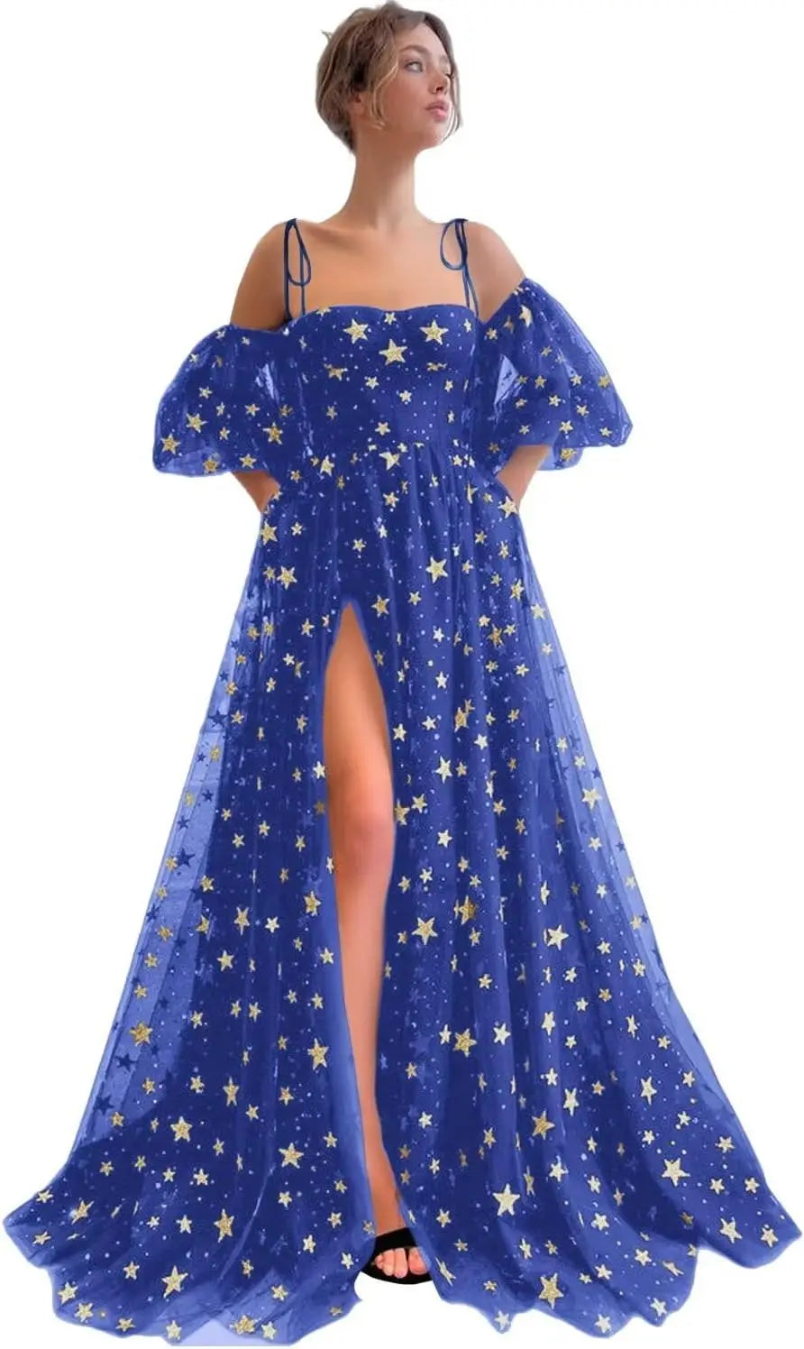 Sparkly Starry Tulle Prom Dresses for Women Slit Long Puffy Sleeve Glitter Star Formal Evening Party Gown Junior Bridesmaid Gown