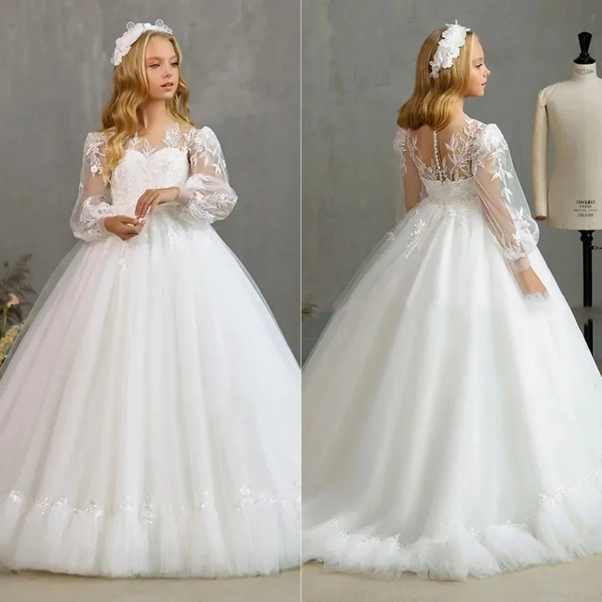 First Communion Gowns Customized White Flower Girl Dresses Pageant Gown for Wedding Lace Floor Length Princess Birthday Party