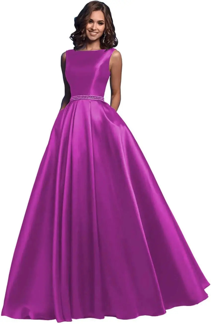 Damen A-Linie Satin Ballkleid Langes Ballkleid Gerafftes Perlenbesetztes Abendkleid Formales Partykleid mit Taschen 