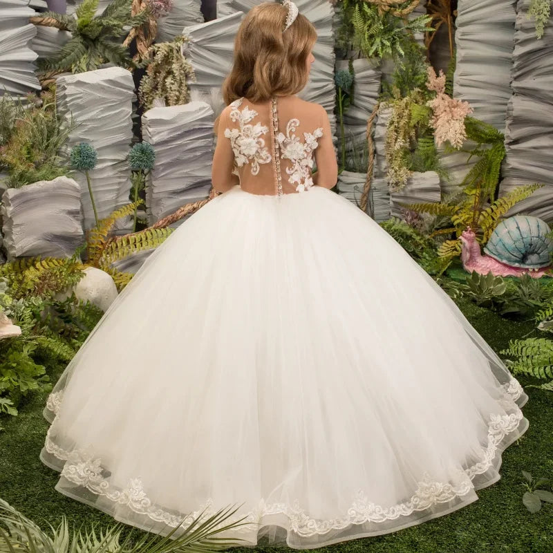 Vestidos de primera comunión para banquetes de cumpleaños, vestidos de niña de las flores de tul blanco con estampado floral abullonado, sin mangas para boda 