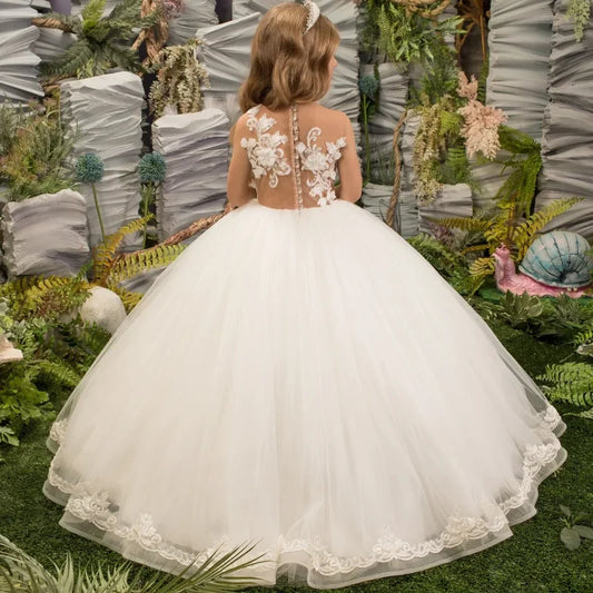 Vestidos de primera comunión para banquetes de cumpleaños, vestidos de niña de las flores de tul blanco con estampado floral abullonado, sin mangas para boda 